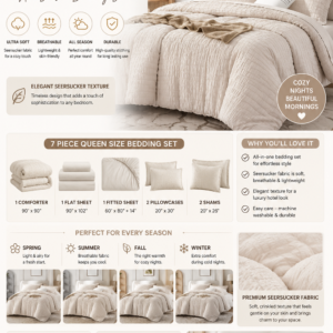 Beige 7-piece queen comforter set with elegant seersucker texture and matching bedding accessories.