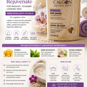 Calgon Ageless Bath Renewing Pearls infused with Vitamin E, collagen, and pearl powder for radiant skin.