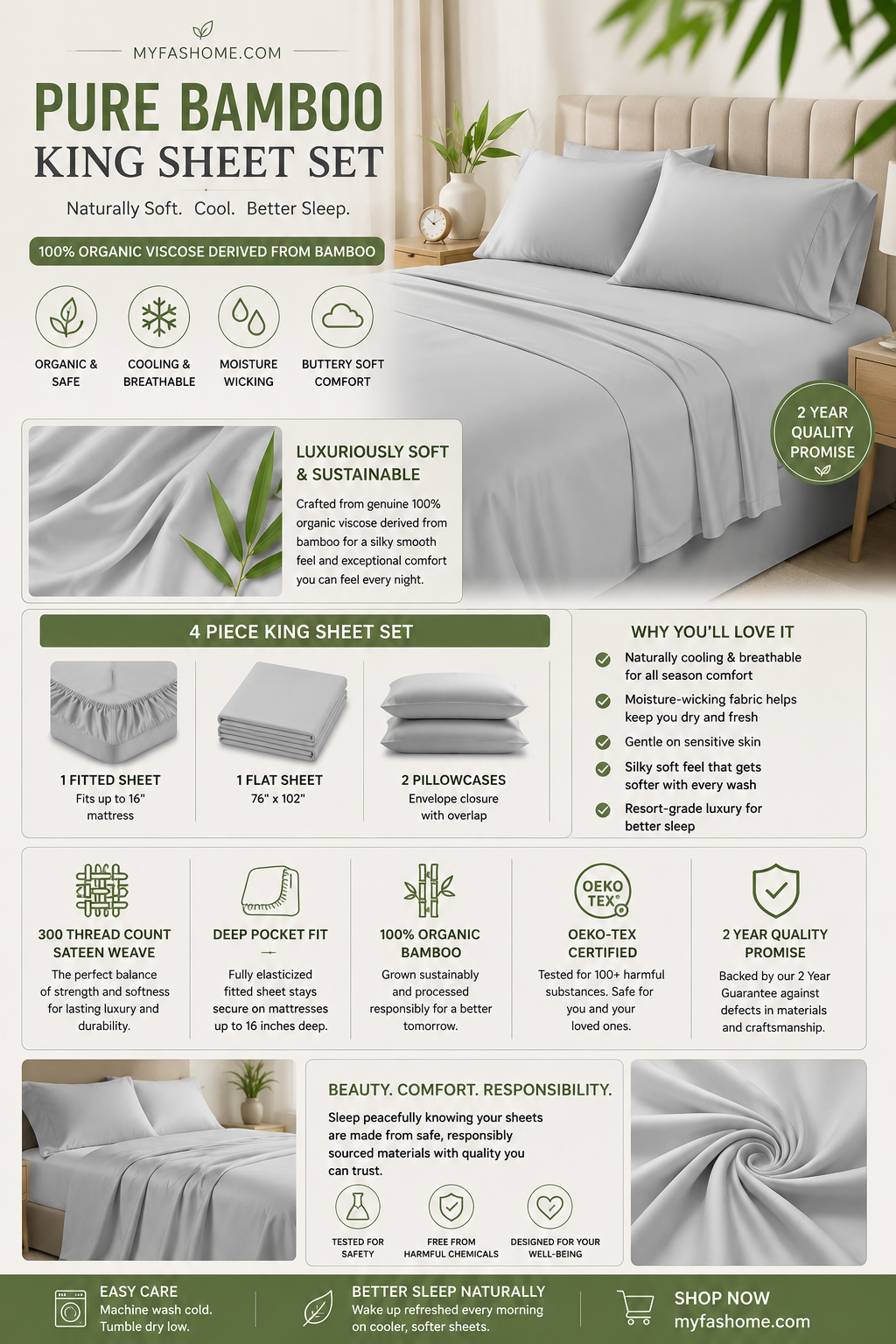 Pure Bamboo King Sheets Silver Pearl Pure Bamboo King Sheets in Silver Pearl color made from 100% organic bamboo viscose with cooling and breathable fabric.
