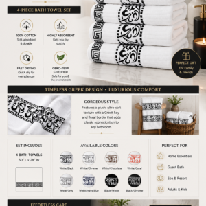Superior Athens Collection 4-piece cotton bath towel set featuring black Greek key embroidery and luxury hotel-style softness.