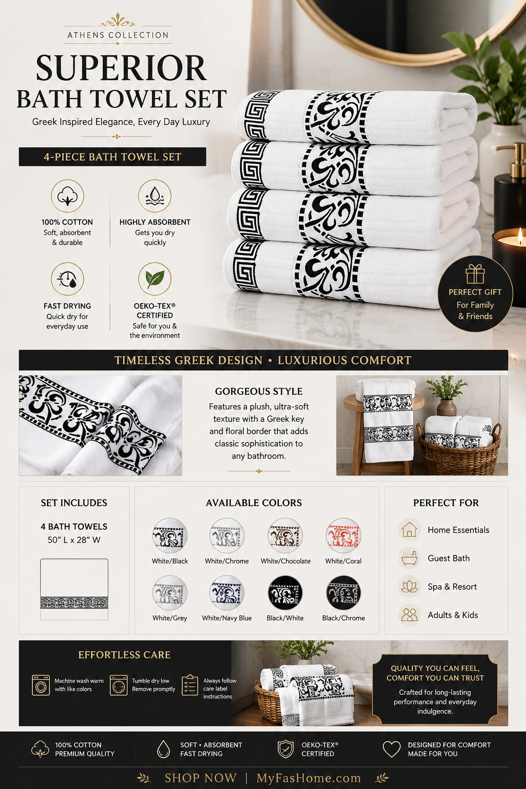 Superior Athens Collection Bath Towel Set Superior Athens Collection 4-piece cotton bath towel set featuring black Greek key embroidery and luxury hotel-style softness.