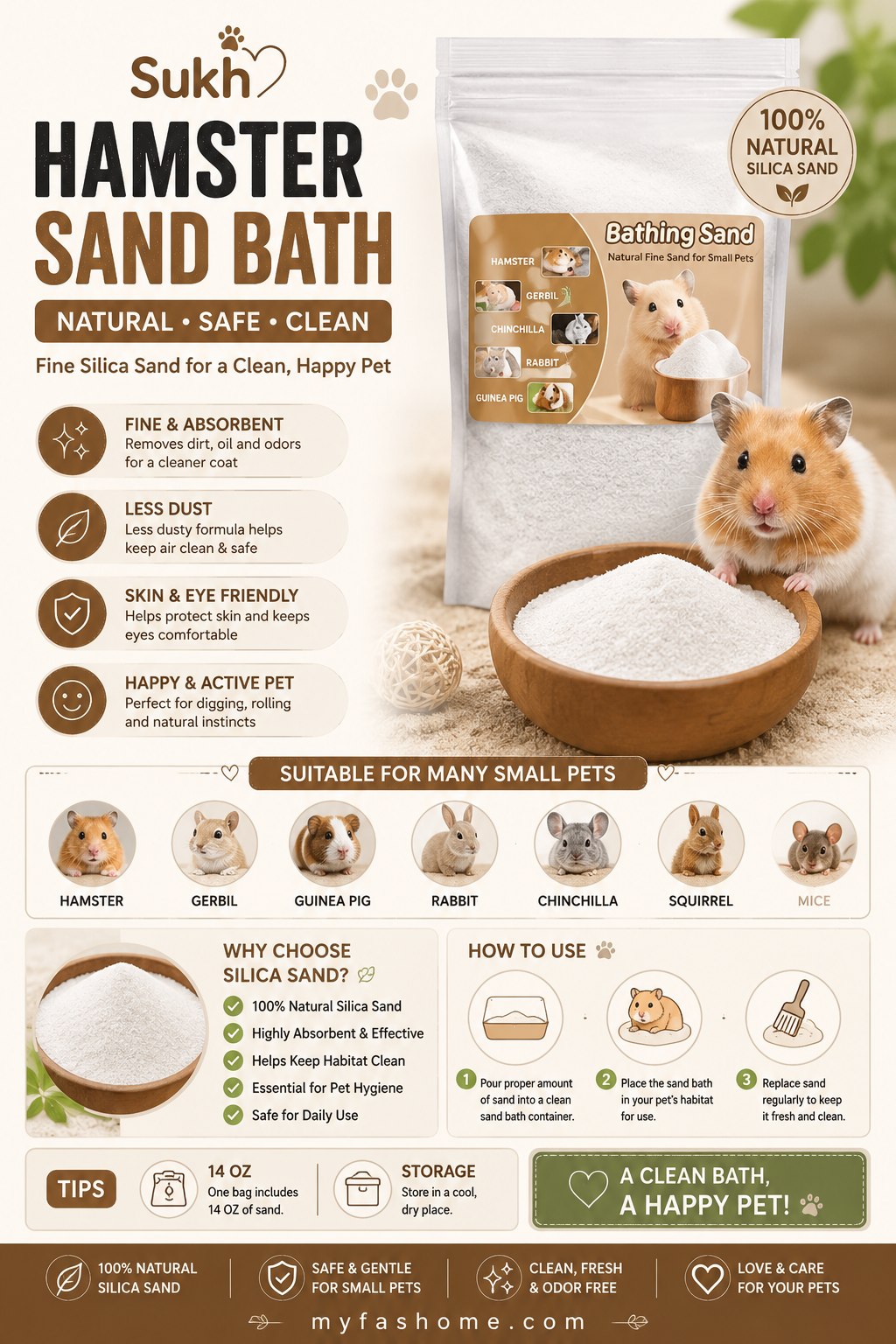 Sukh Hamster Sand Bath 14 OZ Sukh Hamster Sand Bath made from fine silica sand for grooming hamsters, gerbils, rabbits, and small pets.