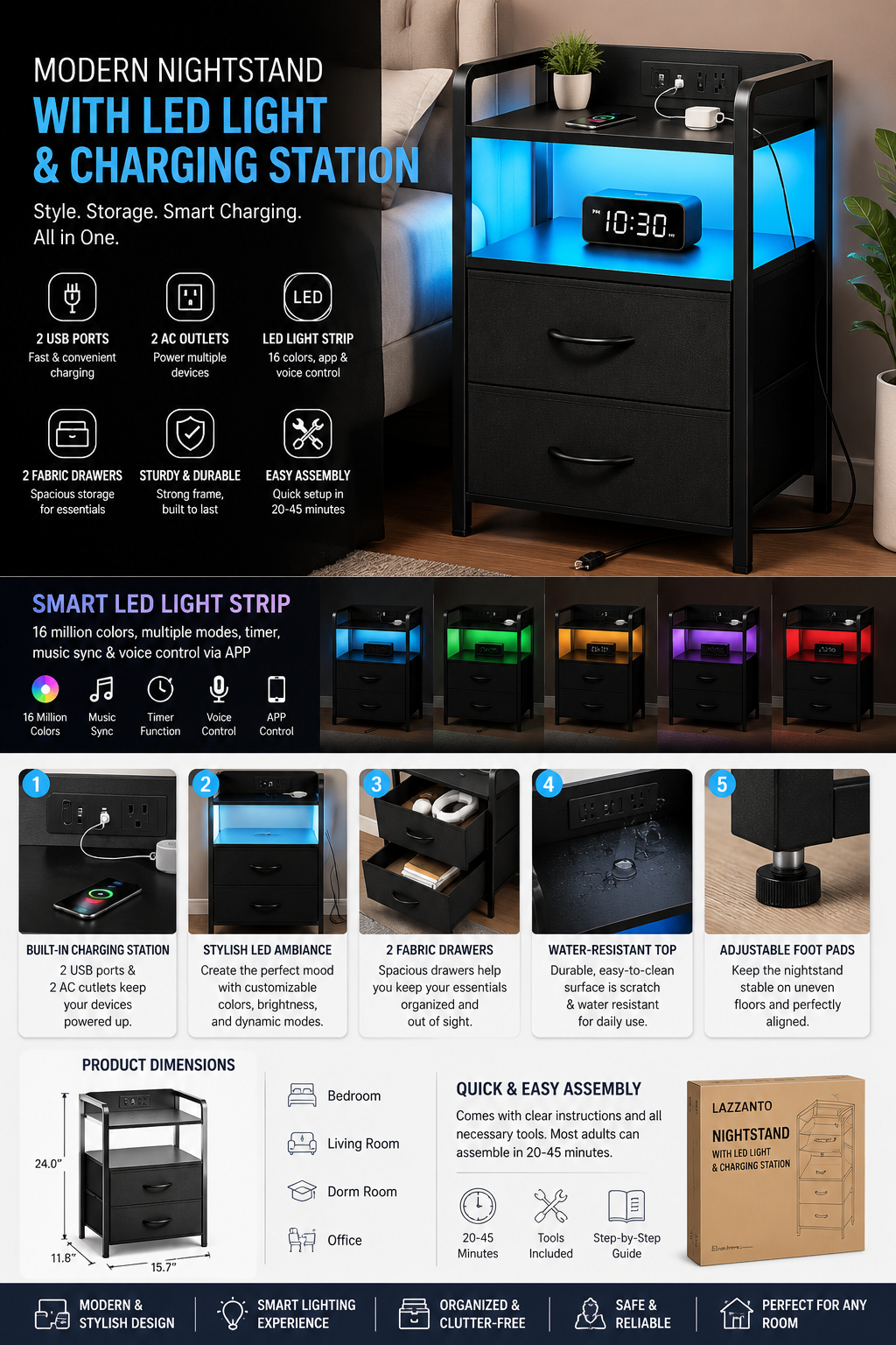 Nightstand with Charging Station and LED Lights Nightstand with Charging Station & LED Lights | Modern Bedside Table | MyFasHome