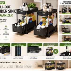 2 pack pull out under sink organizer with sliding drawers and black metal storage shelves for kitchen and bathroom cabinets