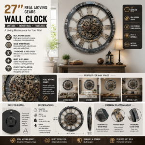 27 inch oversized wall clock with real moving gears, Roman numerals, tempered glass cover, and vintage farmhouse design in carbon grey
