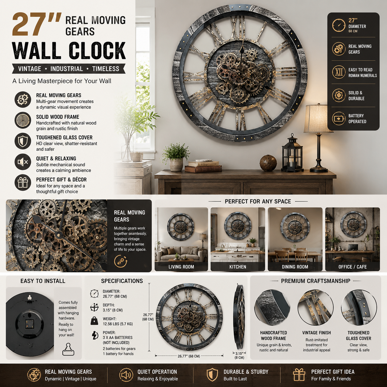 27 inch oversized wall clock with real moving gears, Roman numerals, tempered glass cover, and vintage farmhouse design in carbon grey 27 inch oversized wall clock with real moving gears, Roman numerals, tempered glass cover, and vintage farmhouse design in carbon grey