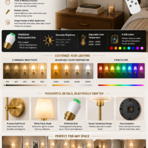 Gold battery operated wall sconce set with rechargeable bulbs, remote control, dimmable lighting, and RGB color options