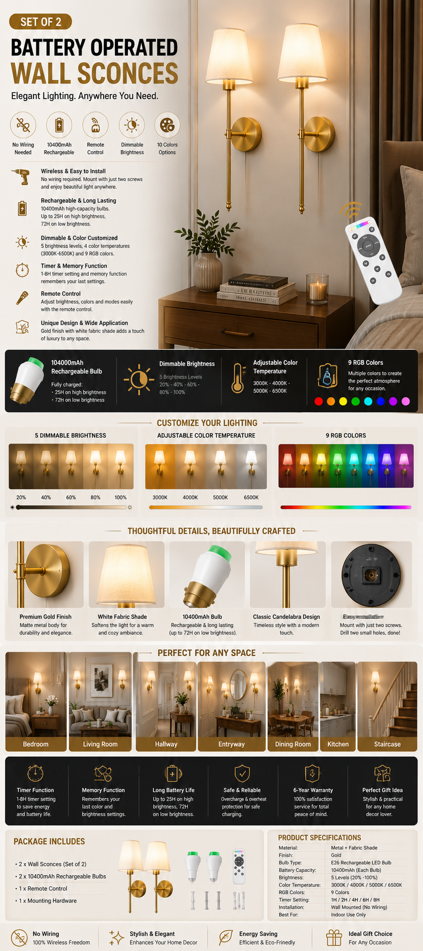 Rechargeable Gold Wall Sconce Set of 2 Gold battery operated wall sconce set with rechargeable bulbs, remote control, dimmable lighting, and RGB color options