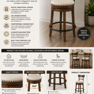 Ashley Valebeck swivel barstool with rustic wood frame, linen upholstered seat, nailhead trim, and 360-degree swivel design.