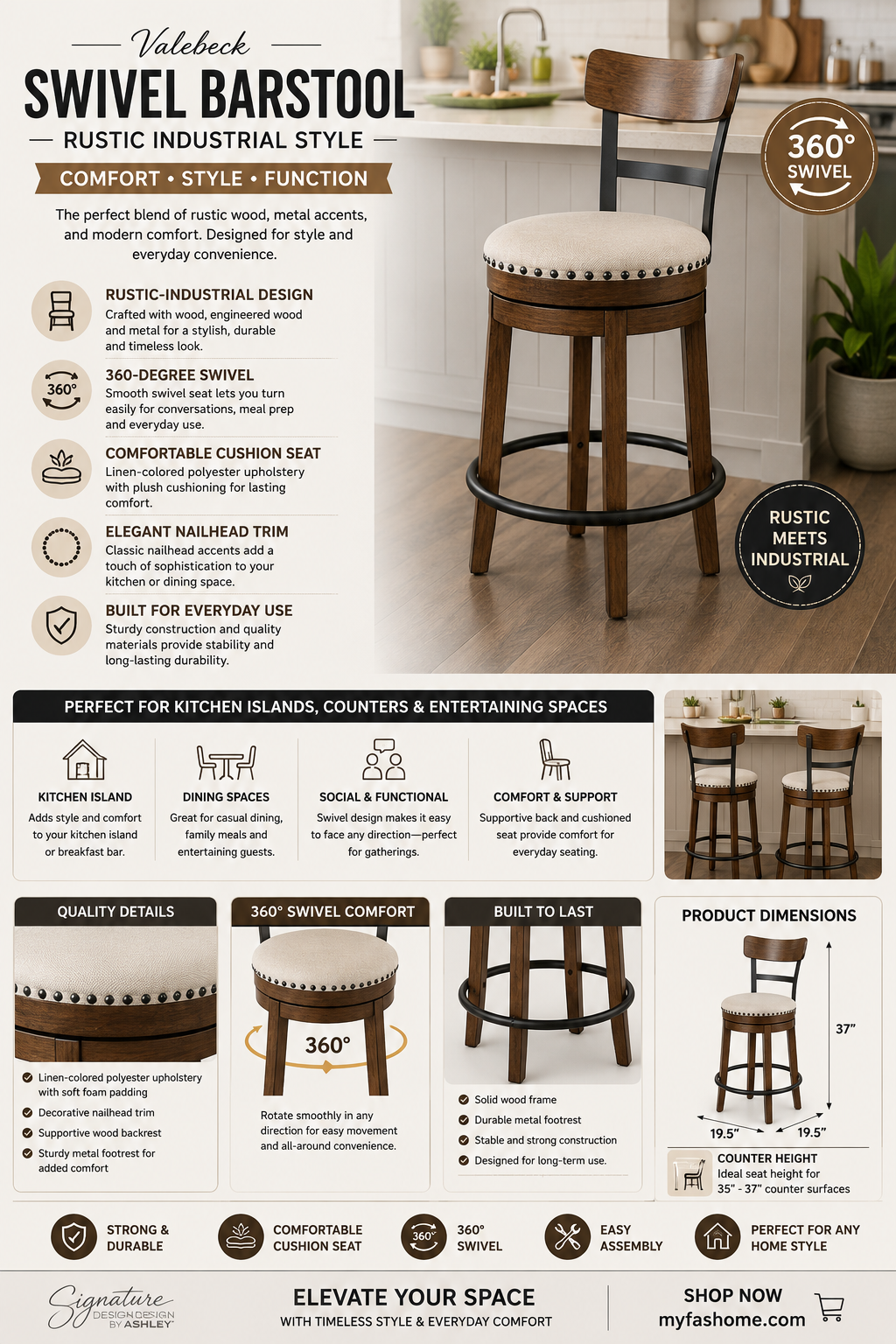Ashley Valebeck Rustic Swivel Barstool Ashley Valebeck swivel barstool with rustic wood frame, linen upholstered seat, nailhead trim, and 360-degree swivel design.