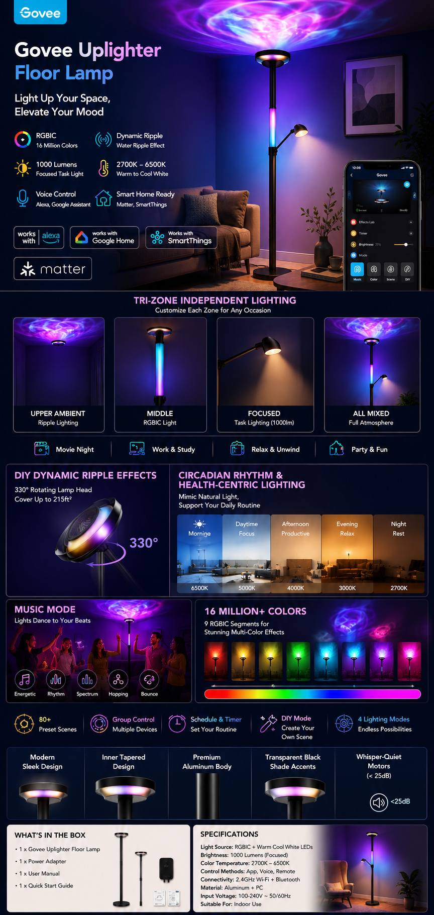 Govee Uplighter RGBIC Smart Floor Lamp Govee RGBIC smart floor lamp with dynamic ripple projector, customizable colors, voice control, and modern ambient lighting