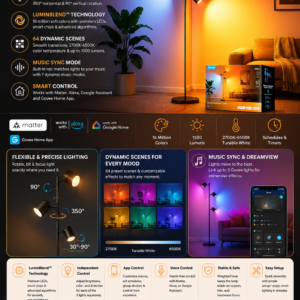 Govee Tree Floor Lamp with three adjustable RGB lights, smart controls, dynamic lighting scenes, and modern standing lamp design