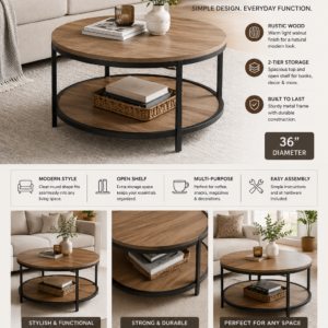 36-inch round coffee table with rustic walnut wood finish and lower storage shelf in a modern living room.
