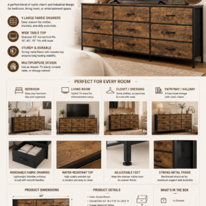 huuger 63 inch dresser for bedroom, dresser for closet with 9 fabric drawers, large tv stand for 55, 65, 70 inch tv, entertainment center with storage, wide long chest of drawers, rustic brown