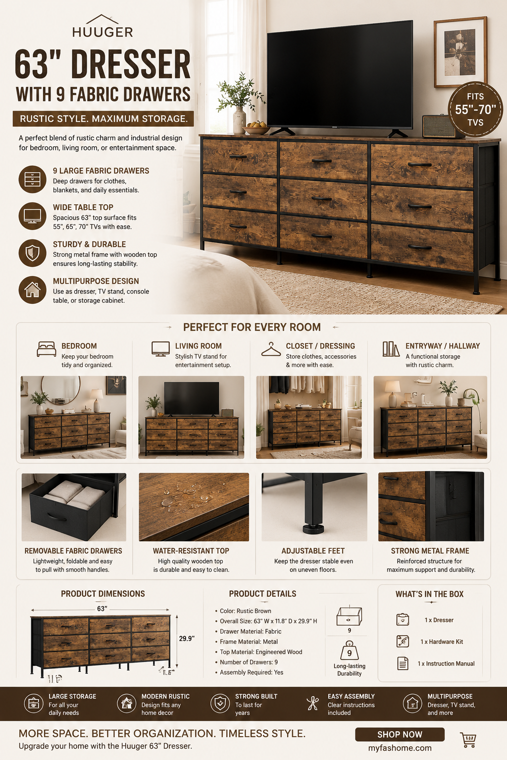 huuger 63 inch dresser for bedroom, dresser for closet with 9 fabric drawers, large tv stand for 55, 65, 70 inch tv, entertainment center with storage, wide long chest of drawers, rustic brown huuger 63 inch dresser for bedroom, dresser for closet with 9 fabric drawers, large tv stand for 55, 65, 70 inch tv, entertainment center with storage, wide long chest of drawers, rustic brown