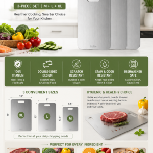 Titanium cutting board set of 3 featuring double-sided food prep surfaces, dishwasher-safe design, and durable non-toxic titanium construction.