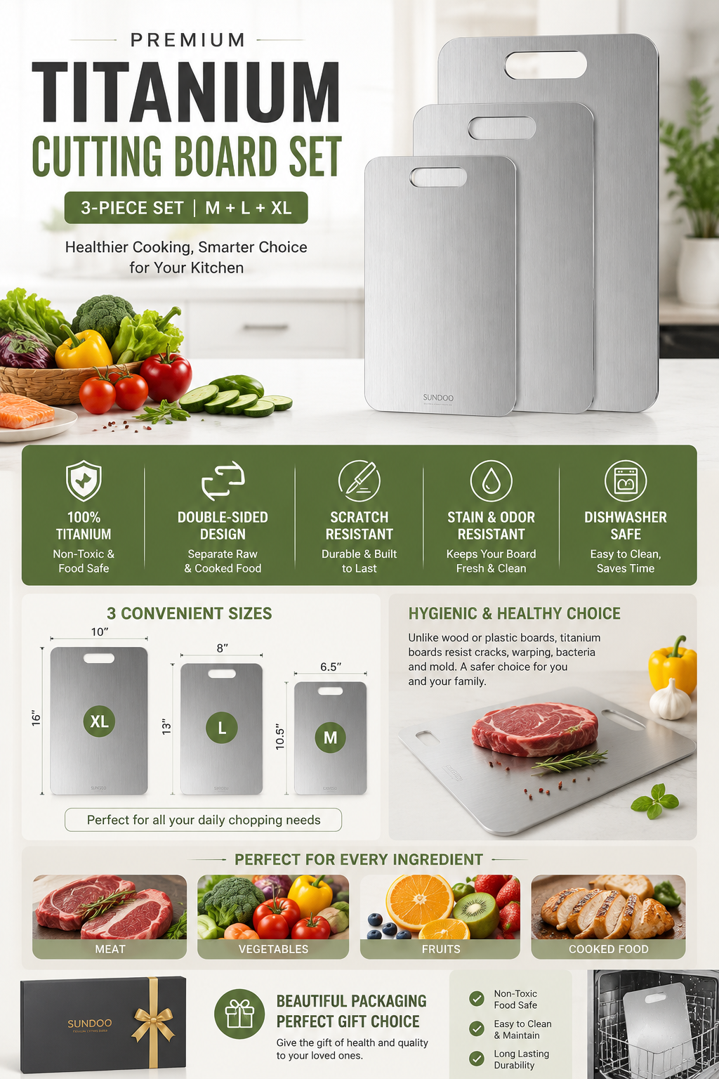 Titanium Cutting Board Set of 3 Titanium cutting board set of 3 featuring double-sided food prep surfaces, dishwasher-safe design, and durable non-toxic titanium construction.