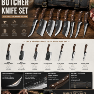 HOSHANHO butcher knife set with hand forged stainless steel blades, walnut wood handles, and portable roll bag for BBQ, camping, and kitchen use.