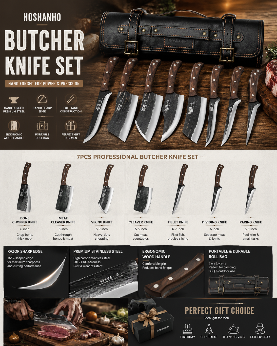 HOSHANHO Hand Forged Butcher Knife Set HOSHANHO butcher knife set with hand forged stainless steel blades, walnut wood handles, and portable roll bag for BBQ, camping, and kitchen use.