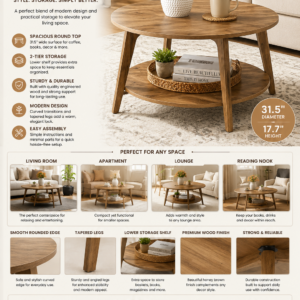 vasagle maezo collection round coffee table, 2 tier center table with storage, tapered legs, curved transitions, 31.5 dia. x 17.7 h inches, easy assembly, for living room, honey brown ulct243k41