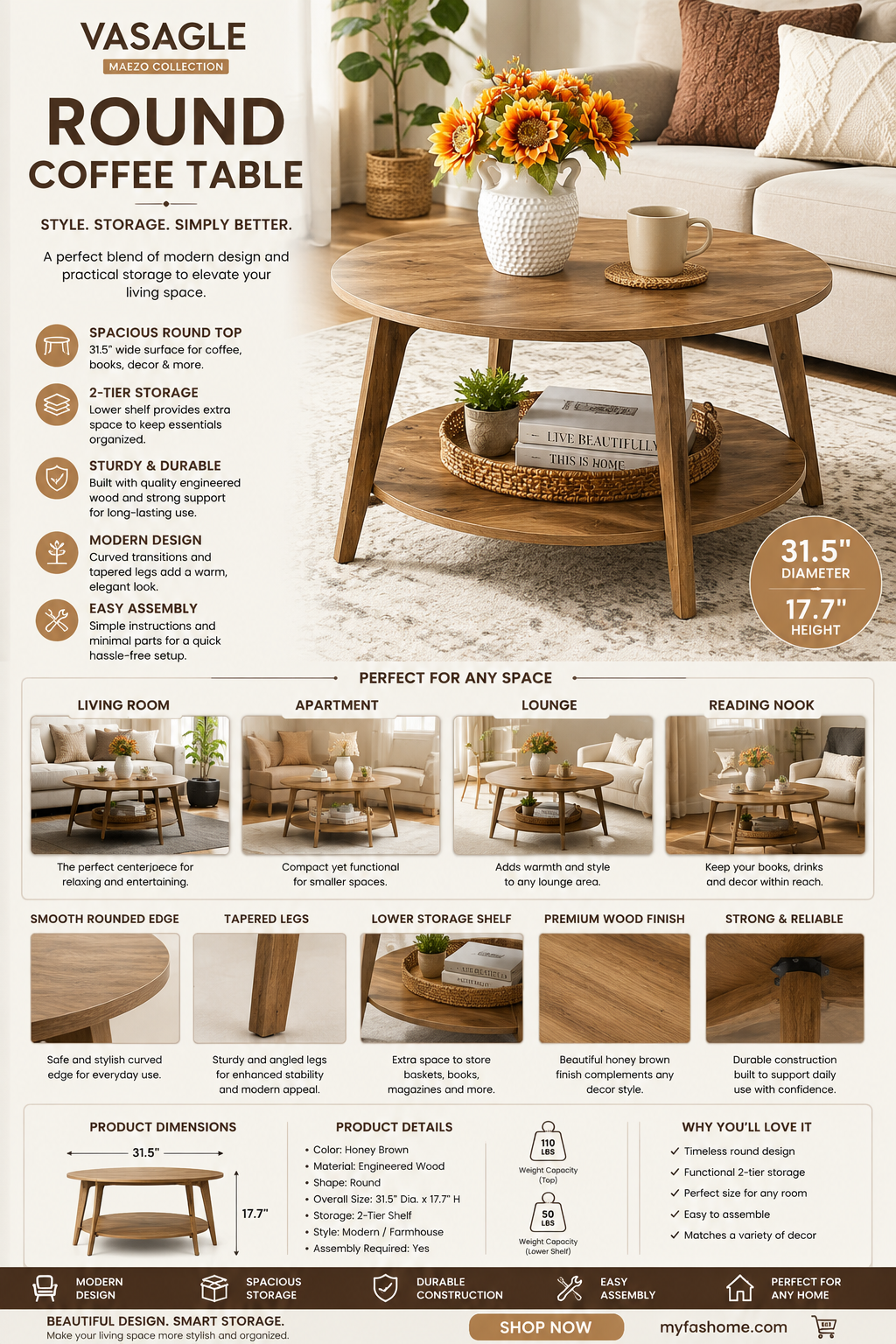 vasagle maezo collection round coffee table, 2 tier center table with storage, tapered legs, curved transitions, 31.5 dia. x 17.7 h inches, easy assembly, for living room, honey brown ulct243k41 vasagle maezo collection round coffee table, 2 tier center table with storage, tapered legs, curved transitions, 31.5 dia. x 17.7 h inches, easy assembly, for living room, honey brown ulct243k41