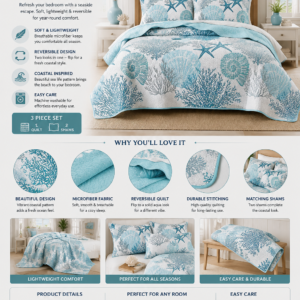 3 piece coastal quilt sets king size reversible microfiber quilts with 2 shams soft lightweight beach bedding nautical bedspread coverlet summer comforter set for all season, 106''x96''