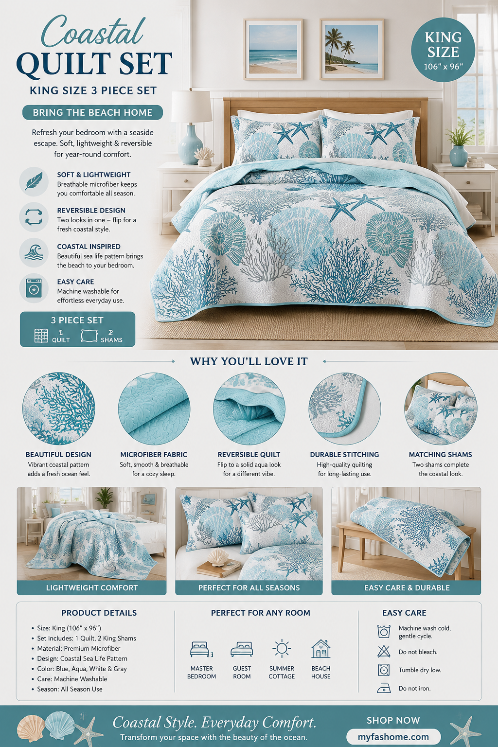 3 piece coastal quilt sets king size reversible microfiber quilts with 2 shams soft lightweight beach bedding nautical bedspread coverlet summer comforter set for all season, 106''x96'' 3 piece coastal quilt sets king size reversible microfiber quilts with 2 shams soft lightweight beach bedding nautical bedspread coverlet summer comforter set for all season, 106''x96''