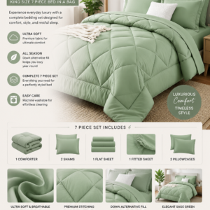 king size comforter set sage green 7 pieces bed in a bag king, luxury soft bed set for all seasons, bedding set with down alternative comforter, sheets, pillowcases & shams