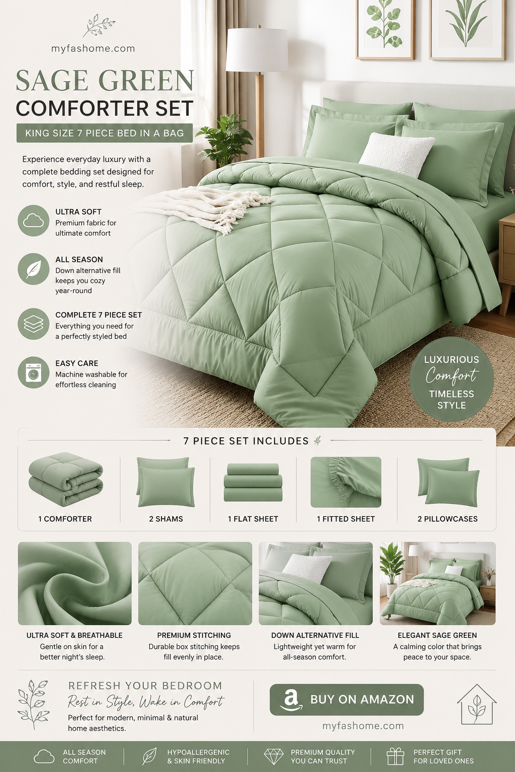 king size comforter set sage green 7 pieces bed in a bag king, luxury soft bed set for all seasons, bedding set with down alternative comforter, sheets, pillowcases & shams king size comforter set sage green 7 pieces bed in a bag king, luxury soft bed set for all seasons, bedding set with down alternative comforter, sheets, pillowcases & shams