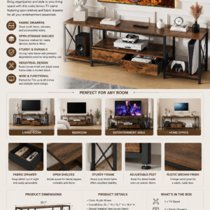 gyiiyuo tv stand with fabric drawer entertainment center and industrial tv console table with open storage shelves for living room, bedroom 55.1" rustic brown