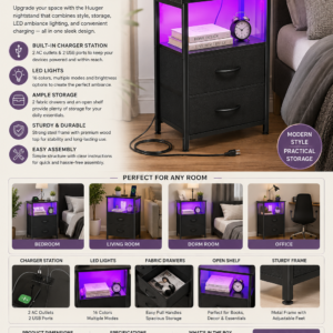 huuger night stand with charger station and led lights, 2 drawer nightstand, bed side table with open shelf, end table, fabric drawers for bedroom, black