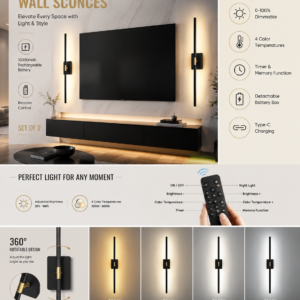battery operated wall sconces set of 2: 10000mah rechargeable wall lights with remote control, 360° rotate wireless wall scone decor for tv/mirror bedroom living room, 31.5 inch, black