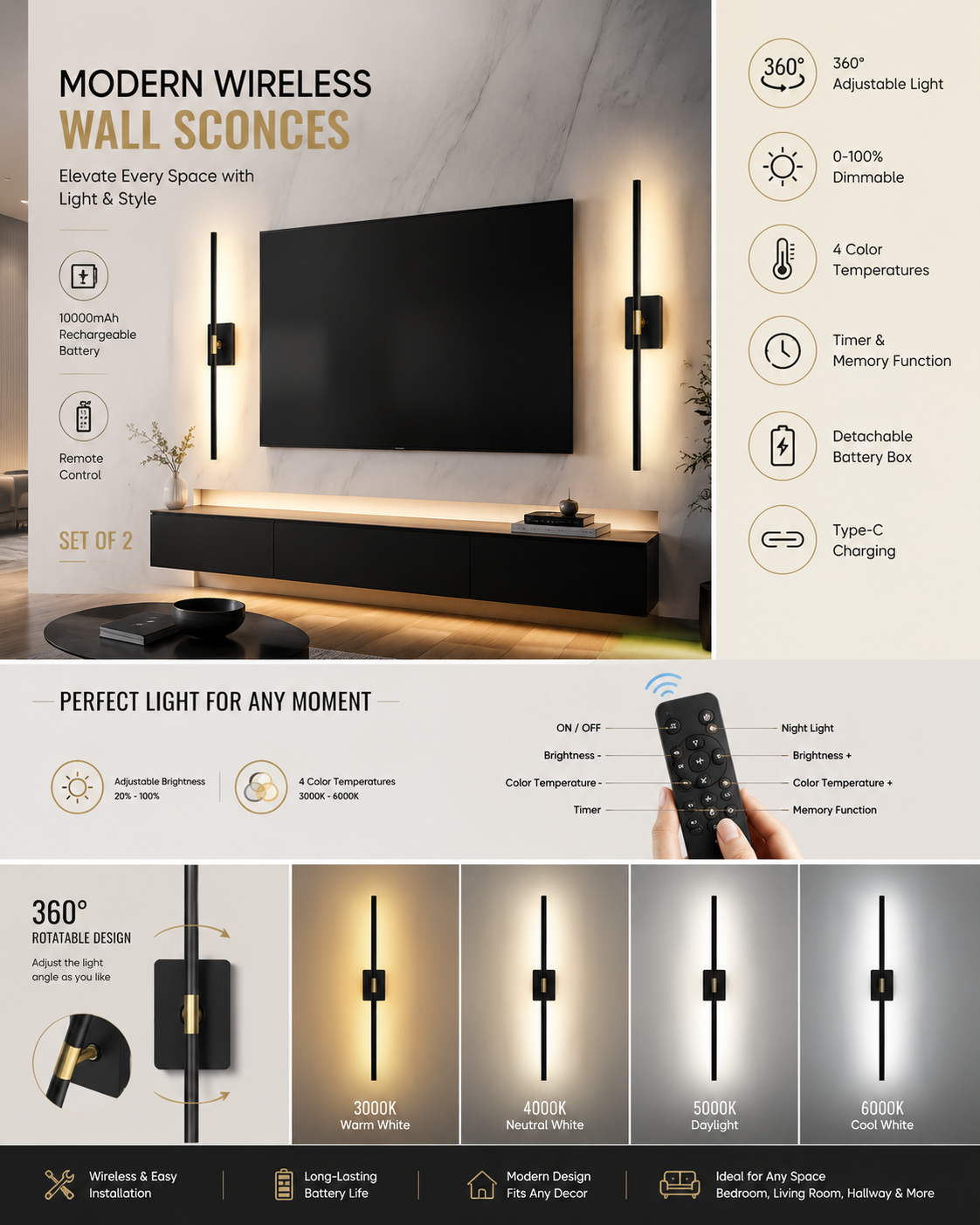 Battery Operated Wall Sconces Set of 2 battery operated wall sconces set of 2: 10000mah rechargeable wall lights with remote control, 360° rotate wireless wall scone decor for tv/mirror bedroom living room, 31.5 inch, black