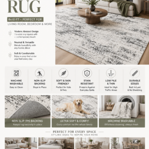 Modern 8x10 washable area rug with abstract grey design, ultra-soft texture, non-slip backing, and stain-resistant surface for living rooms and bedrooms.
