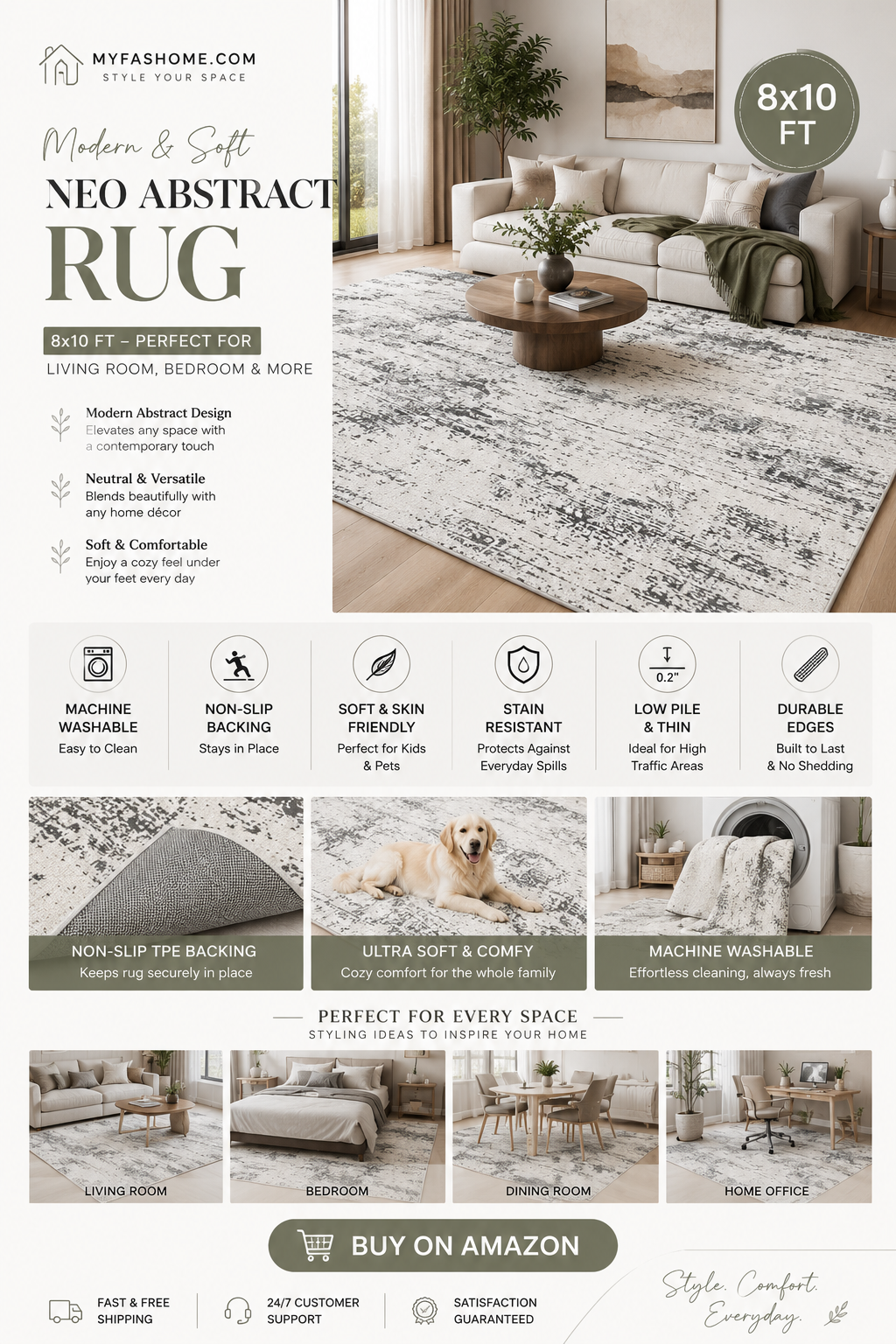8x10 Washable Modern Abstract Area Rug Modern 8x10 washable area rug with abstract grey design, ultra-soft texture, non-slip backing, and stain-resistant surface for living rooms and bedrooms.