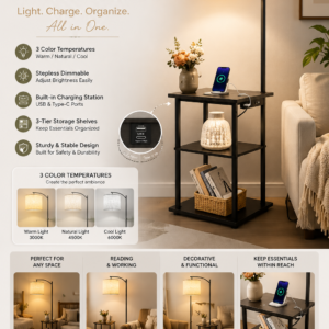 PESRAE floor lamp with table featuring USB charging ports, Type-C port, AC outlet, storage shelves, and adjustable lighting for bedrooms and living rooms.