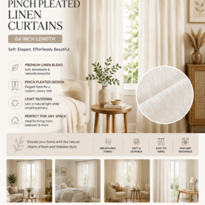 Natural pinch pleated linen curtains in cream ivory featuring semi-sheer fabric, elegant pleats, and light-filtering privacy for living rooms and bedrooms.
