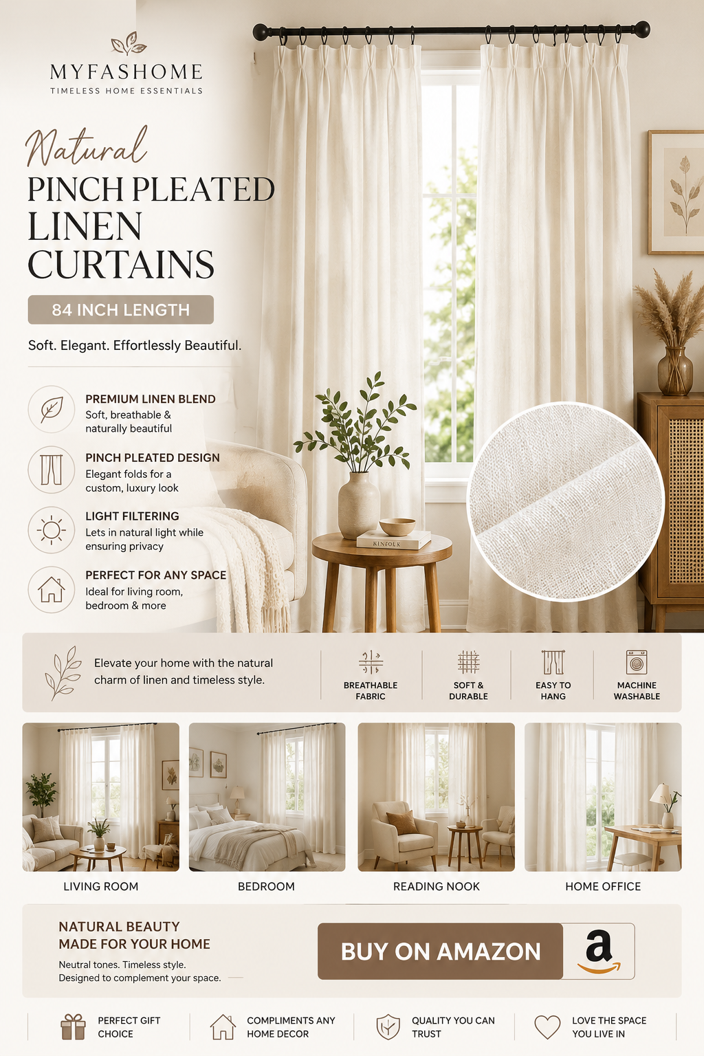 Natural Pinch Pleated Linen Curtains 84 Inch Natural pinch pleated linen curtains in cream ivory featuring semi-sheer fabric, elegant pleats, and light-filtering privacy for living rooms and bedrooms.