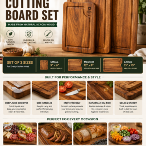 ROYAL CRAFT WOOD acacia cutting board set featuring three wooden chopping boards with deep juice grooves and side handles for kitchen meal prep and serving.