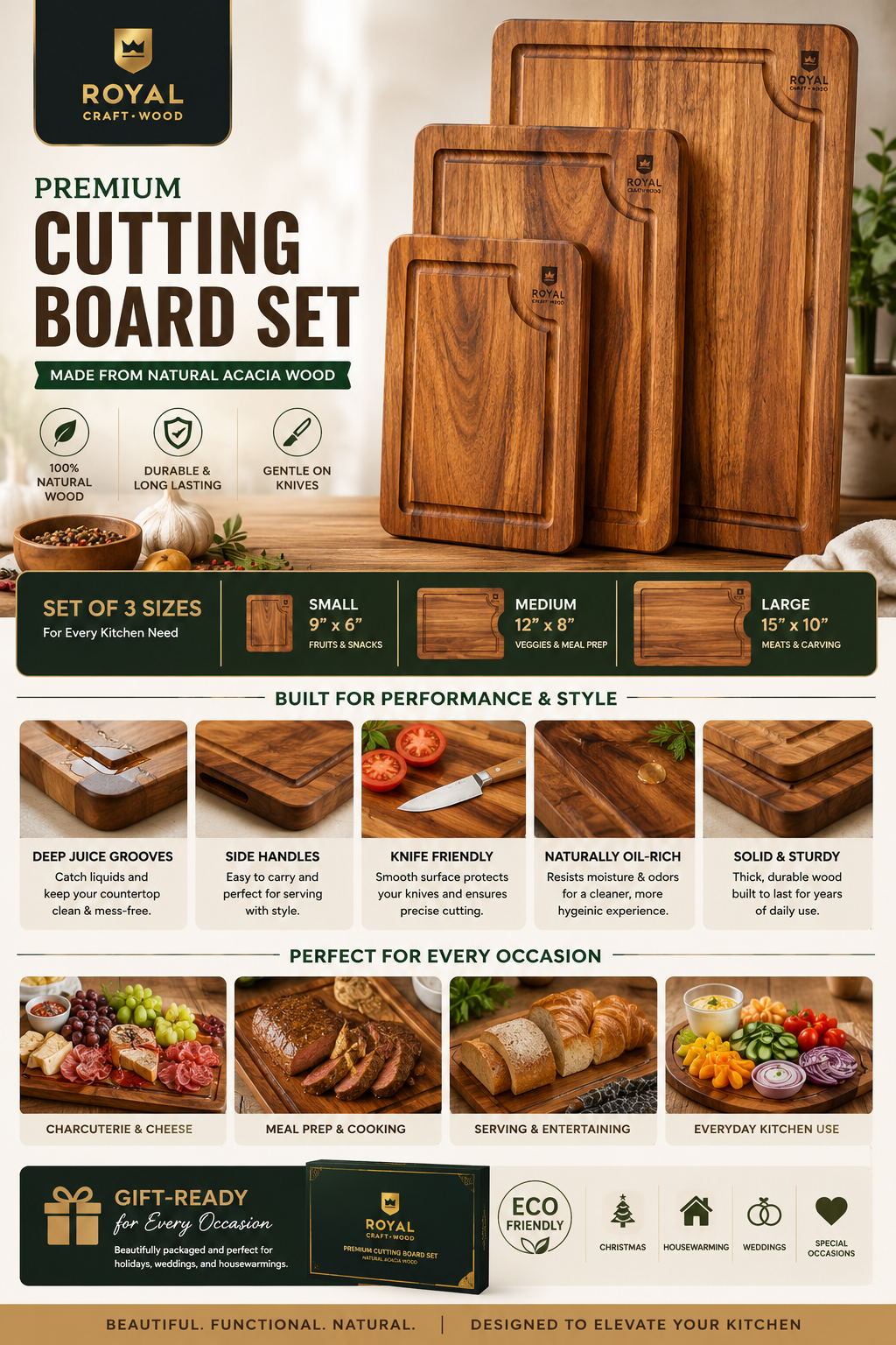 ROYAL CRAFT WOOD Acacia Cutting Board Set ROYAL CRAFT WOOD acacia cutting board set featuring three wooden chopping boards with deep juice grooves and side handles for kitchen meal prep and serving.