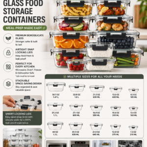 M MCIRCO 30-piece glass food storage container set featuring airtight snap-lock lids, borosilicate glass construction, and stackable meal prep storage containers.