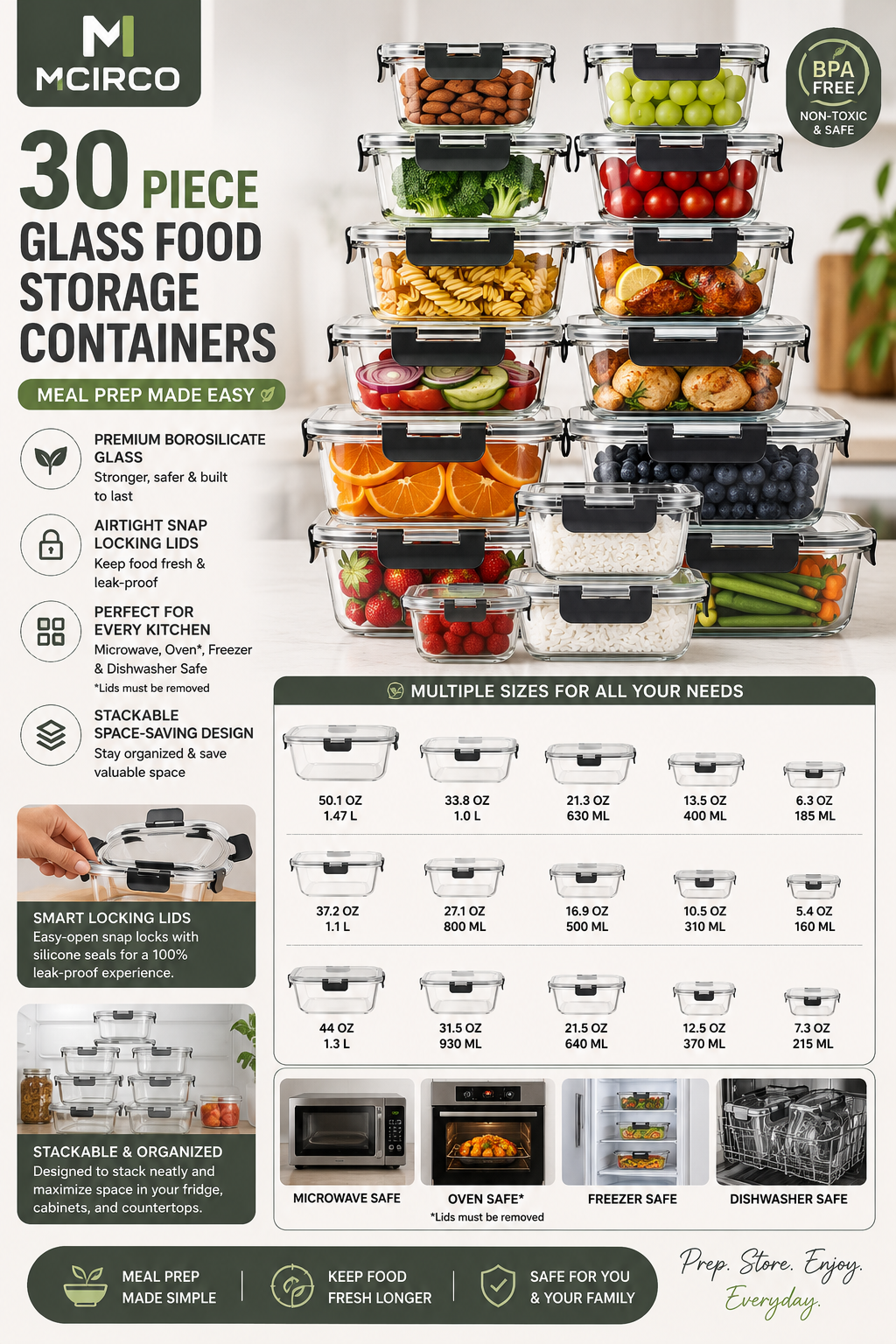 M MCIRCO 30 Piece Glass Food Storage Containers M MCIRCO 30-piece glass food storage container set featuring airtight snap-lock lids, borosilicate glass construction, and stackable meal prep storage containers.