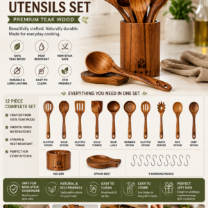 12-piece teak wood cooking utensil set with wooden holder, spoon rest, and hooks designed for non-stick cookware and everyday kitchen use.