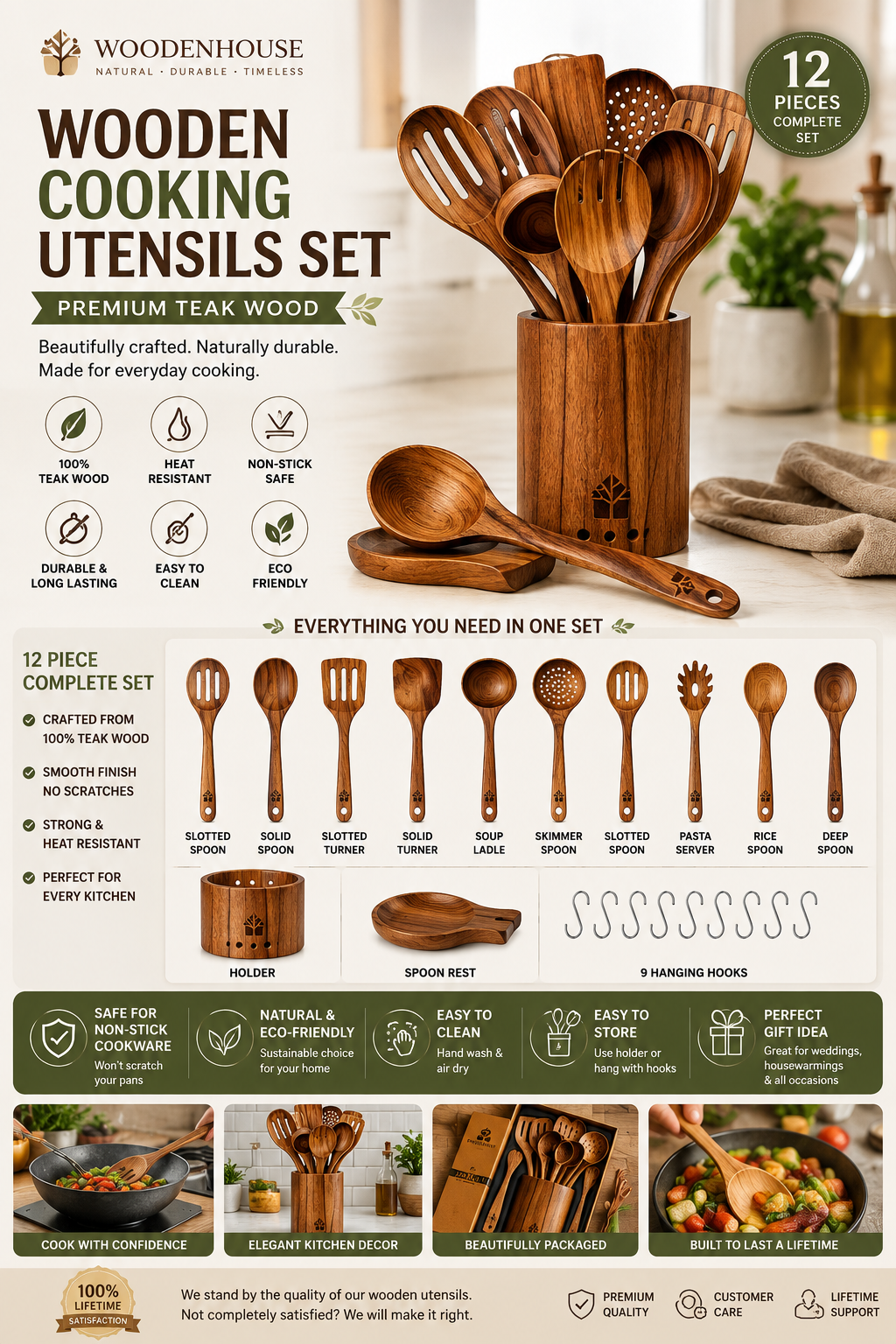 12 Piece Teak Wood Cooking Utensil Set 12-piece teak wood cooking utensil set with wooden holder, spoon rest, and hooks designed for non-stick cookware and everyday kitchen use.