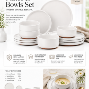 MALACASA 12 piece stoneware dinnerware set featuring white ceramic dinner plates, salad plates, and cereal bowls for four people.