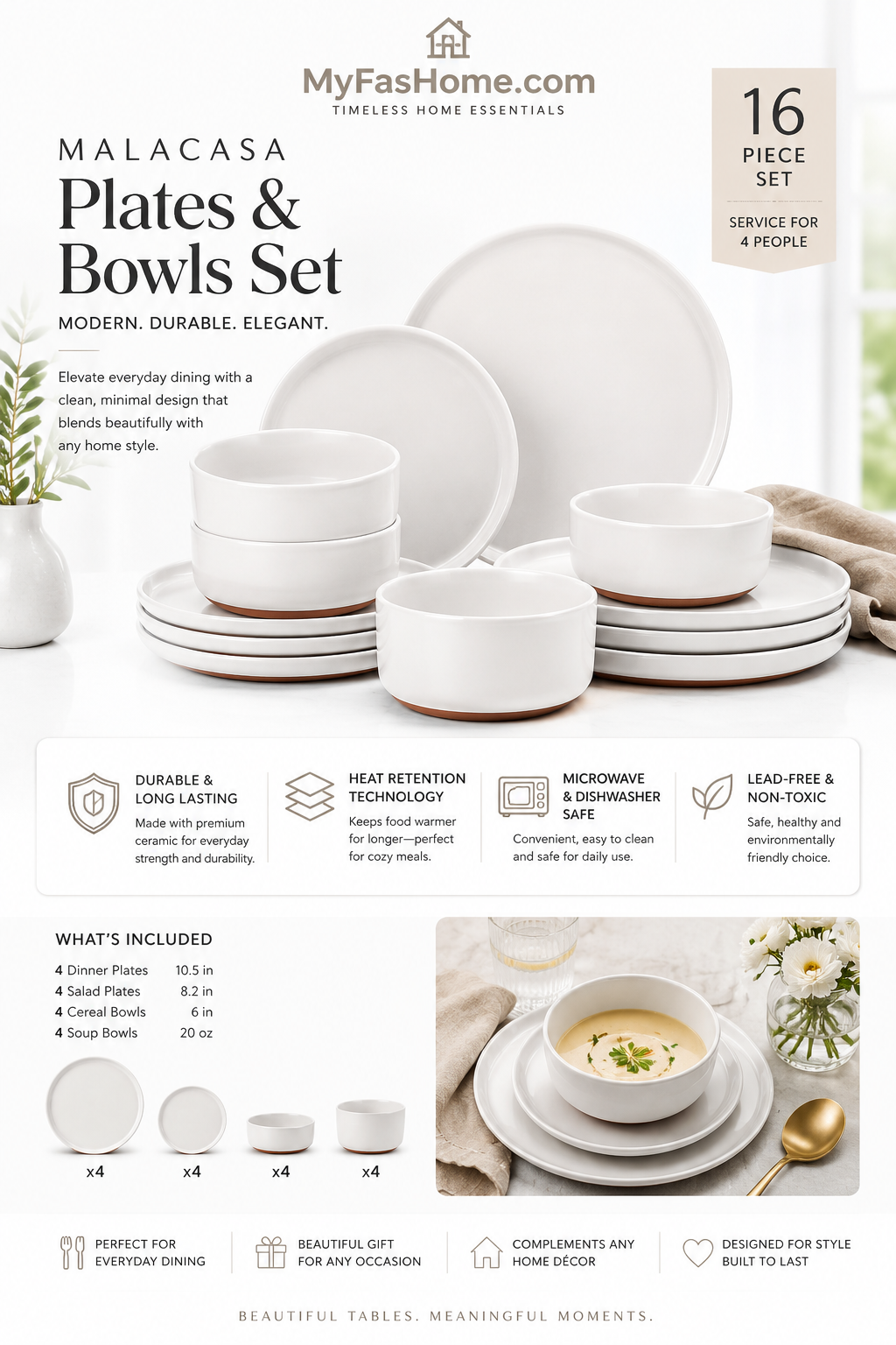 MALACASA Stoneware Dinnerware Set for 4 MALACASA 12 piece stoneware dinnerware set featuring white ceramic dinner plates, salad plates, and cereal bowls for four people.