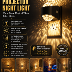 LED galaxy projector night light with warm white illumination, dusk-to-dawn sensor, adjustable brightness, and decorative wall projection effects.