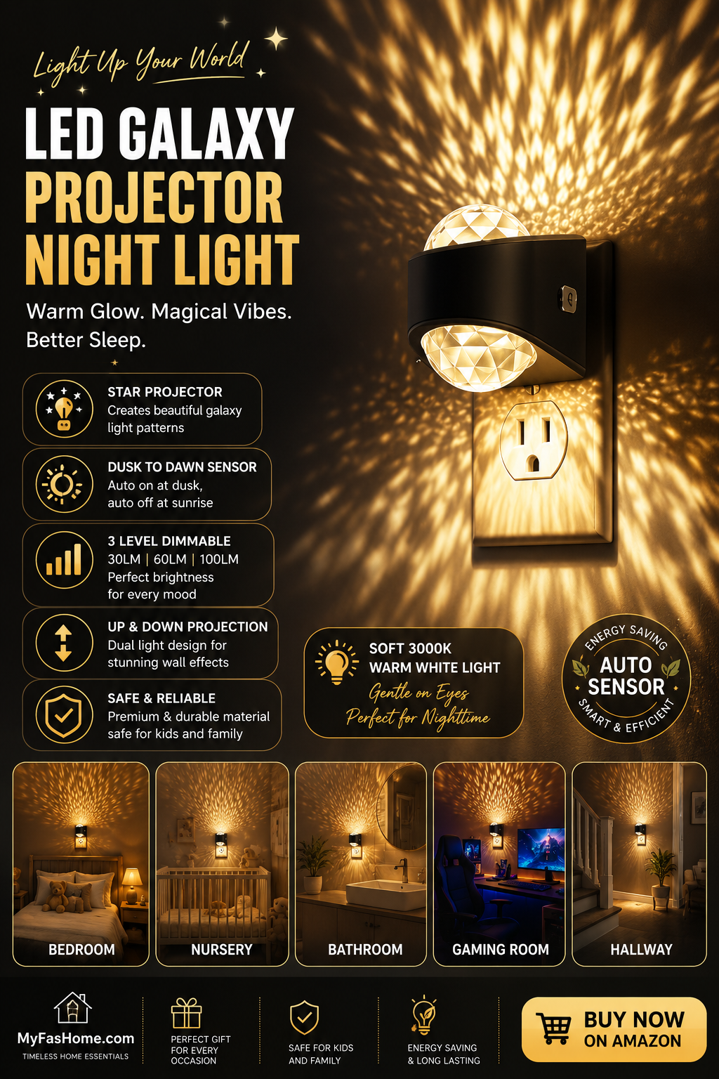 LED Galaxy Projector Night Light LED galaxy projector night light with warm white illumination, dusk-to-dawn sensor, adjustable brightness, and decorative wall projection effects.