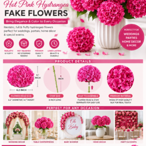 105PCS hot pink artificial hydrangea flowers with stems featuring realistic silk petals for wedding decorations, centerpieces, baby showers, and home decor.
