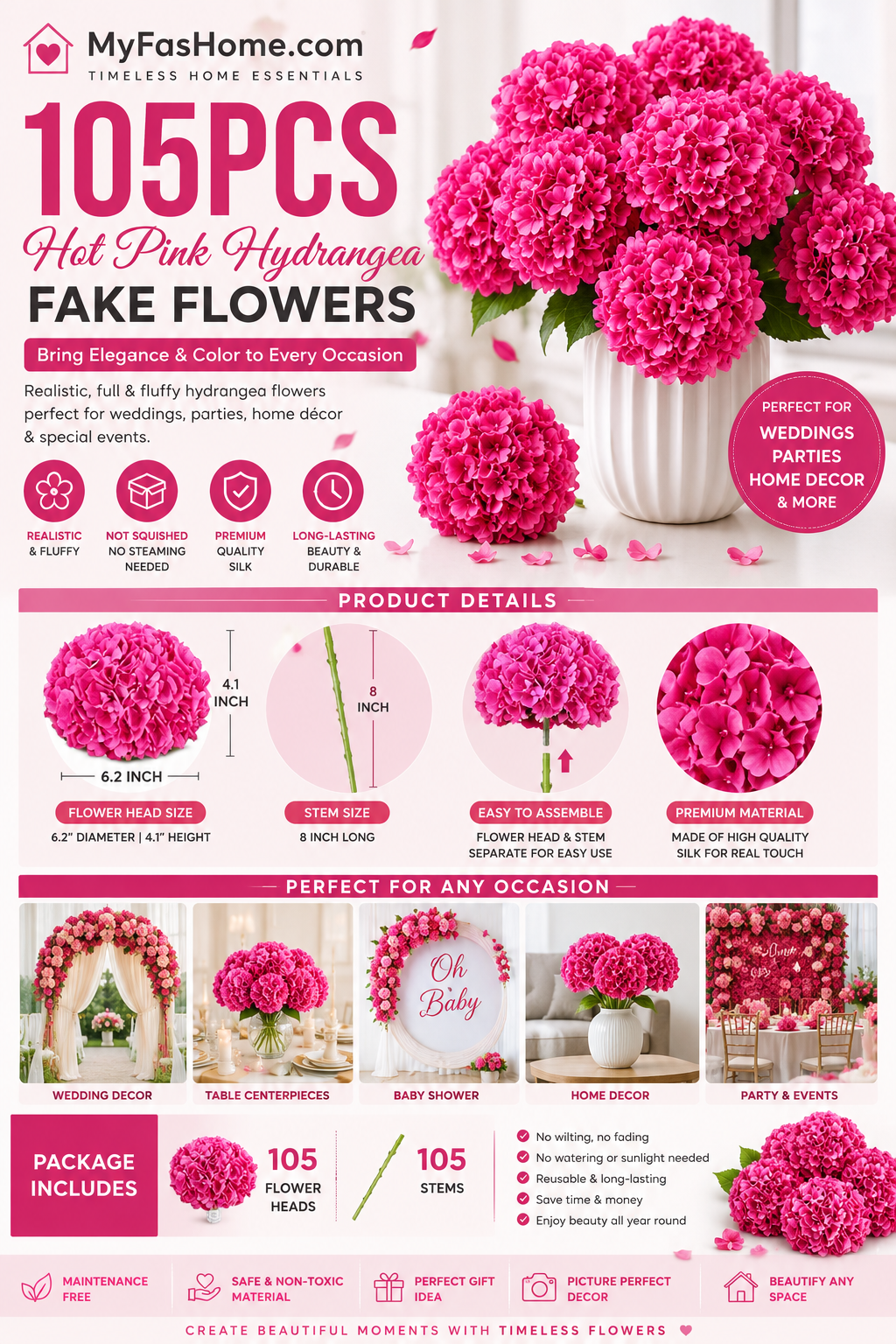 105PCS Hot Pink Artificial Hydrangea Flowers 105PCS hot pink artificial hydrangea flowers with stems featuring realistic silk petals for wedding decorations, centerpieces, baby showers, and home decor.